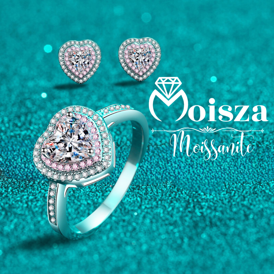 Conjunto de joyería S925 de 4 piezas de moissanita de 0,5/1 quilate con doble halo rosa en forma de corazón (anillo, pendientes, collar) 