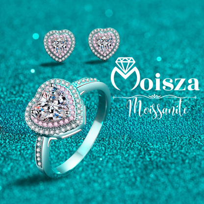 Heart-Shaped Pink Double Halo 0.5 / 1 Carat Moissanite 4-Piece S925 Jewelry Set (Ring, Earrings, Necklace)
