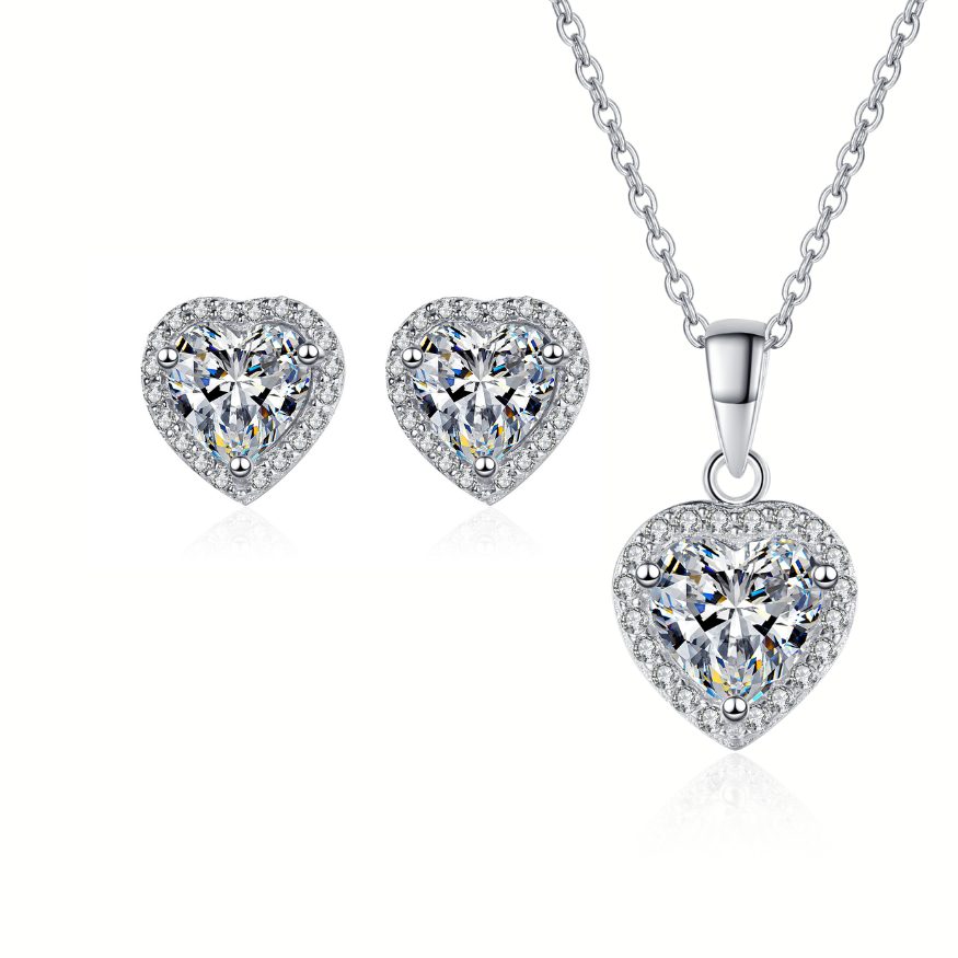 Heart-Shaped Halo 0.5 / 1 Carat Moissanite 3-Piece S925 Jewelry Set (Stud Earrings and Necklace)
