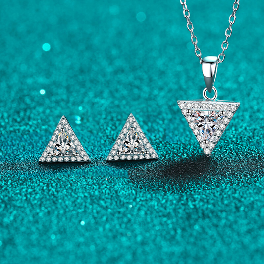 Trillion Cut Halo 0.5 / 1 Carat Moissanite 3-Piece S925 Jewelry Set (Stud Earrings and Necklace)