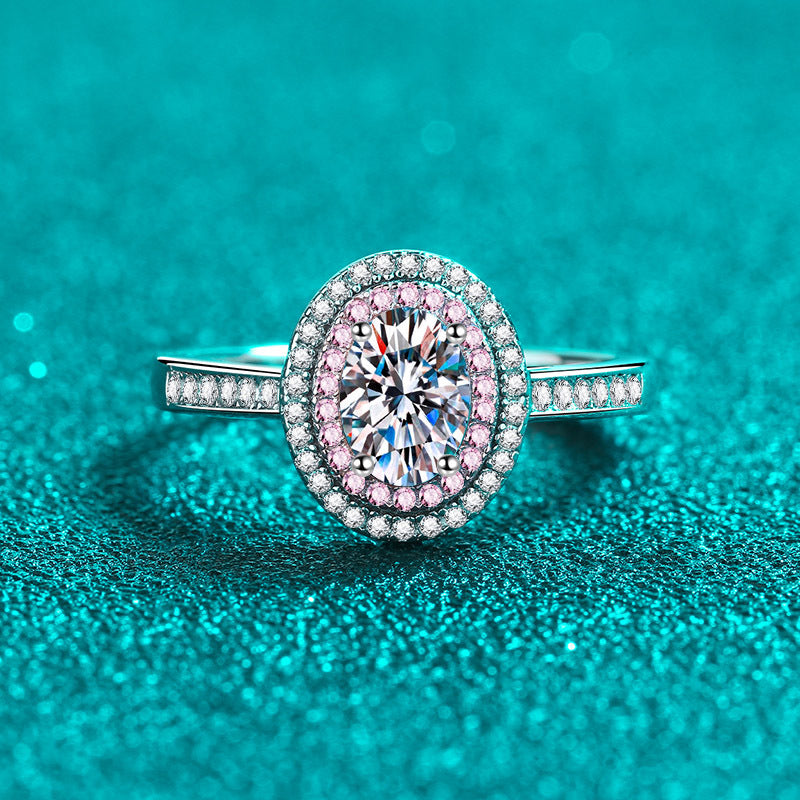 Anillo de compromiso S925 de diamante moissanita de 1 quilate con doble halo rosa pavimentado de talla ovalada 