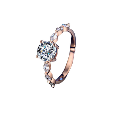 Rose Gold Yellow/White Round Cut Solitaire 1 Carat Moissanite Diamond S925  Engagement Ring With Marquise Side Stones