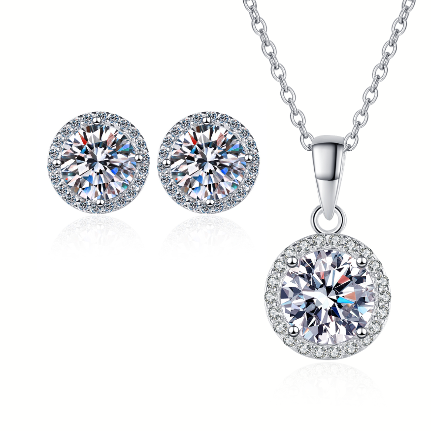 Round Cut Halo 0.5 / 1 Carat Moissanite 3-Piece S925 Jewelry Set (Stud Earrings and Necklace)