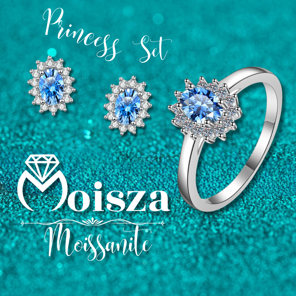 Conjunto de joyería S925 de 4 piezas de moissanita de moissanita de 0,5/1 quilate con halo de zafiro de talla ovalada princesa Diana (anillo, pendientes, collar) 