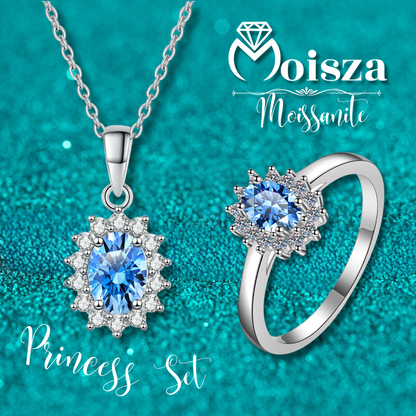Princess Diana Oval Cut Sapphire Halo 0.5 / 1 Carat Moissanite 4-Piece S925 Jewelry Set (Ring, Earrings, Necklace)