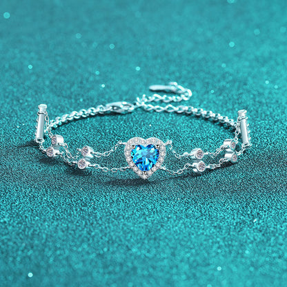 Fancy Blue/White Heart-Shaped Halo 1 Carat Moissanite Diamond S925 Bracelet