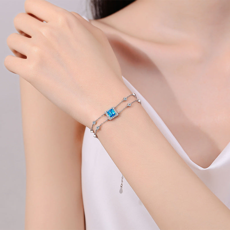Blue/White Princess Cut Halo 1 Carat Moissanite Diamond S925 Bracelet