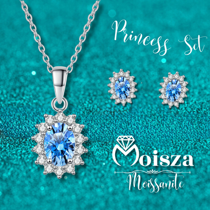 Princess Diana Oval Cut Sapphire Halo 0.5 / 1 Carat Moissanite 4-Piece S925 Jewelry Set (Ring, Earrings, Necklace)