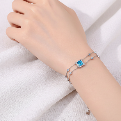 Blue/White Princess Cut Halo 1 Carat Moissanite Diamond S925 Bracelet