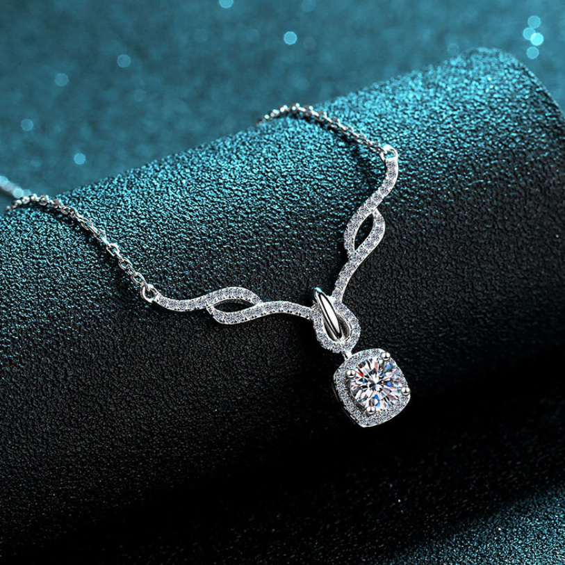 Classic Square Halo 0.8 Carat Moissanite S925  Pavé Pendant Necklace