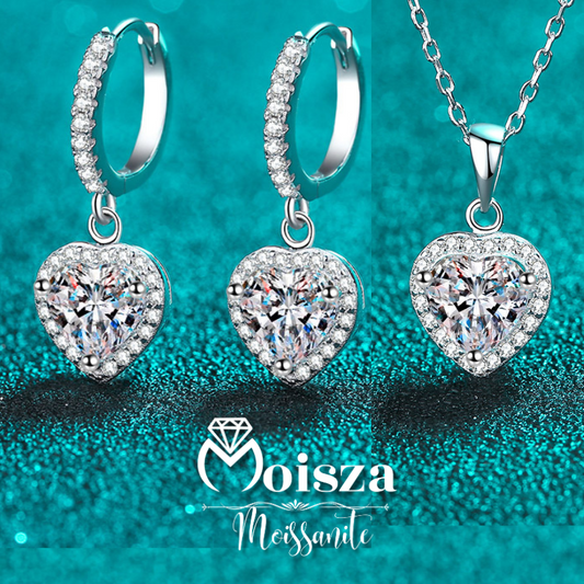 Conjunto de joyería S925 de 3 piezas de moissanita de 1 quilate con halo en forma de corazón (pendientes y collar) 