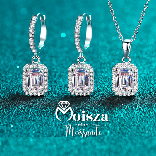 Conjunto de joyería S925 de 3 piezas de moissanita de 1 quilate con halo de talla esmeralda/radiante (pendientes colgantes y collar) 