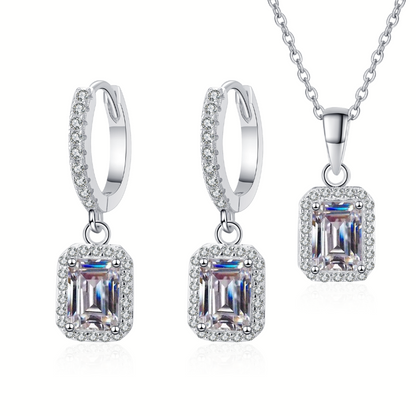 Emerald/Radiant Cut Halo 1 Carat Moissanite 3-Piece S925 Jewelry Set (Drop Earrings and Necklace)