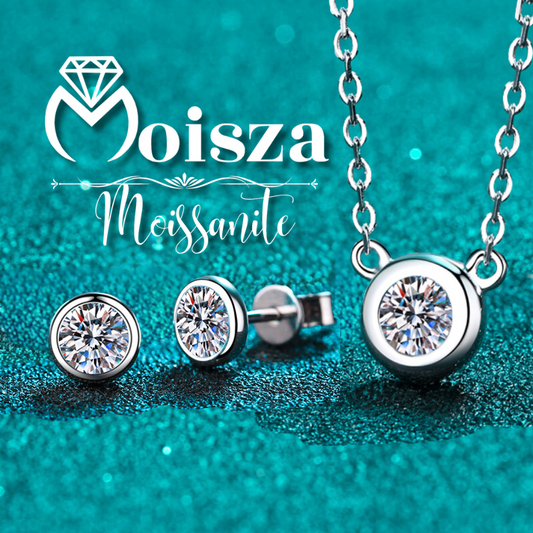 Bezel Set Round Cut 0.5 / 1 Carat Moissanite 3-Piece S925 Jewelry Set (Earrings and Necklace)