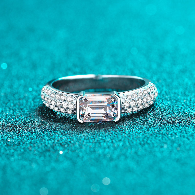 Bar Set Emerald/Radiant Cut Pave Solitaire 1 Carat Moissanite Diamond S925 Engagement Ring