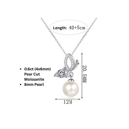 Butterfly Pearl Necklace Moissanite Accent S925 Sterling Silver Pendant