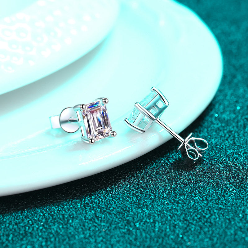 Athena Solitaire Emerald/Radiant Moissanite Stud Earrings — Moisza