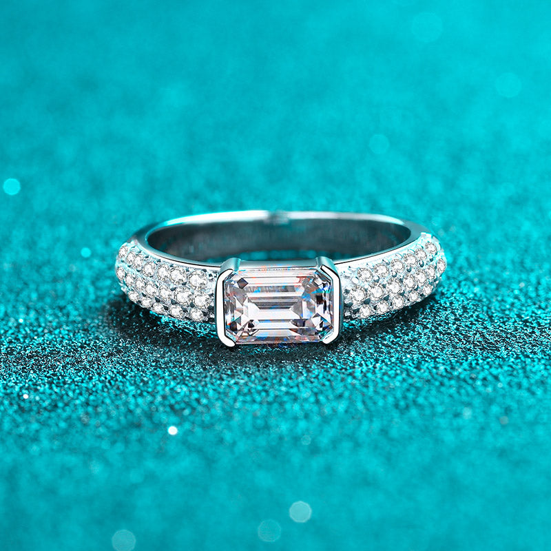 Athena East-West Bar-Set Pavé Solitaire Emerald/Radiant 1 Carat Moissanite Engagement Ring — Moisza