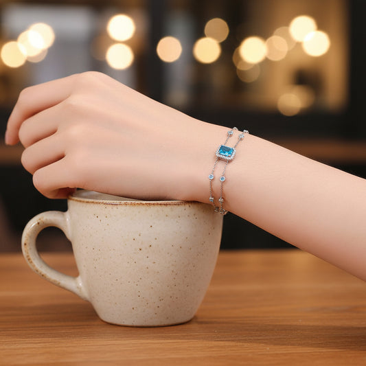 Blue/White Emerald Cut Halo 1 Carat Moissanite Diamond S925 Bracelet