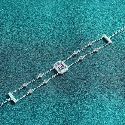 Blue/White Emerald Cut Halo 1 Carat Moissanite Diamond S925 Bracelet