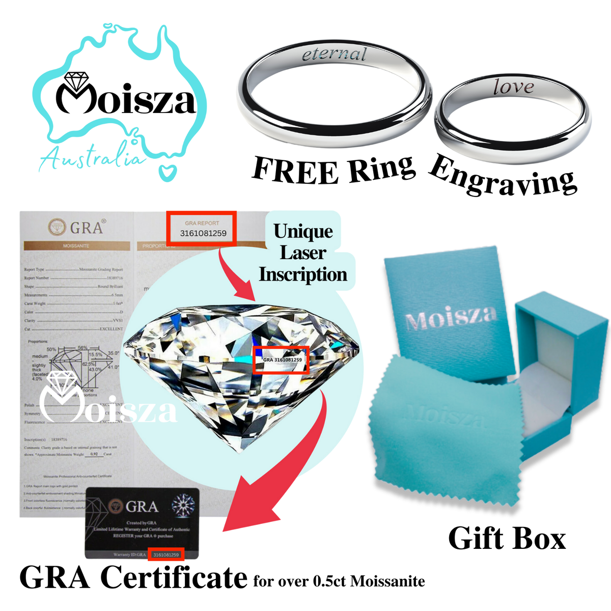 Free ring engraving, GRA certificate and Moisza gift box