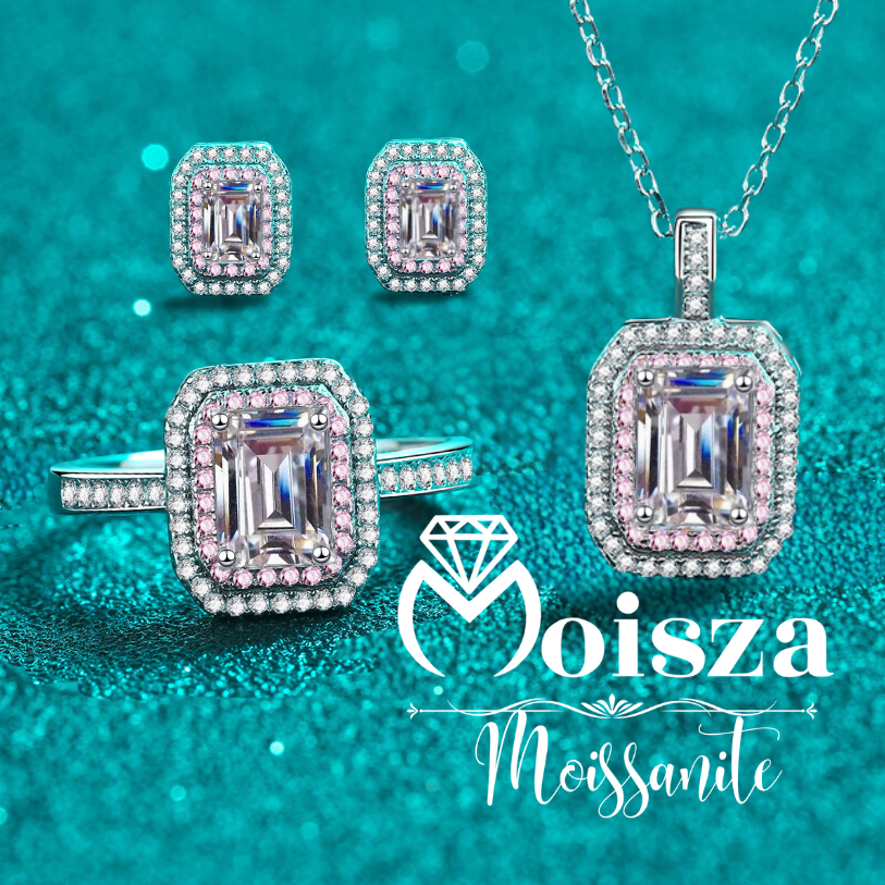 Conjunto de joyería S925 de 4 piezas de moissanita de 0,5/1 quilate con doble halo rosa de corte esmeralda/radiante (anillo, pendientes, collar) 