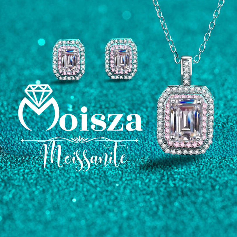 Emerald/Radiant Cut Pink Double Halo 0.5 / 1 Carat Moissanite 4-Piece S925 Jewelry Set (Ring, Earrings, Necklace)