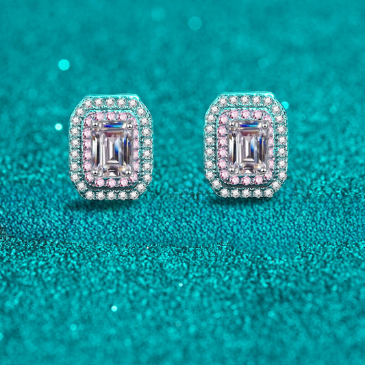 Pendientes de tuerca S925 con diamantes de moissanita de 0,5 quilates con doble halo rosa de talla esmeralda/radiante 