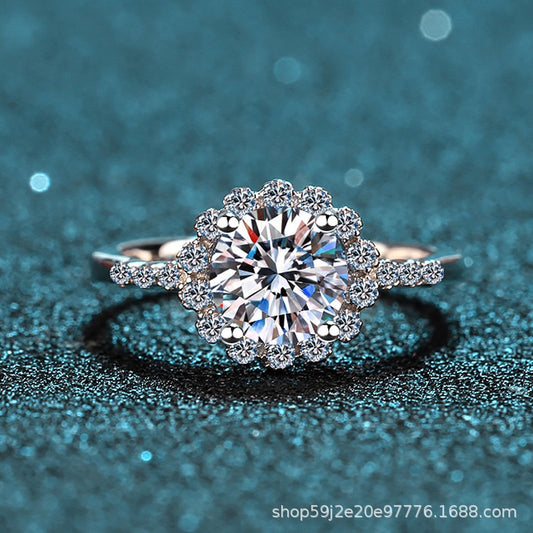 Floral 4 Claws Pave Halo  1 Carat Moissanite Diamond S925 Engagement Ring