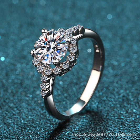 Floral 4 Claws Pave Halo 1 ct Moissanite Diamond S925 Engagement Ring