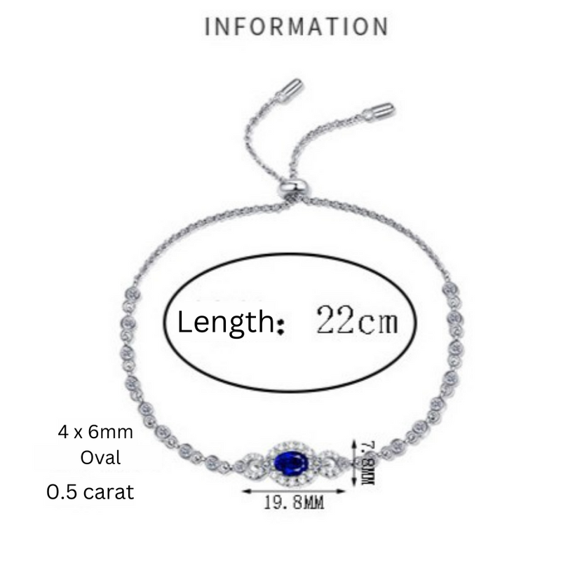 Pulsera S925 chapada en platino de moissanita de 0,5 quilates con halo de corte ovalado azul/blanco 