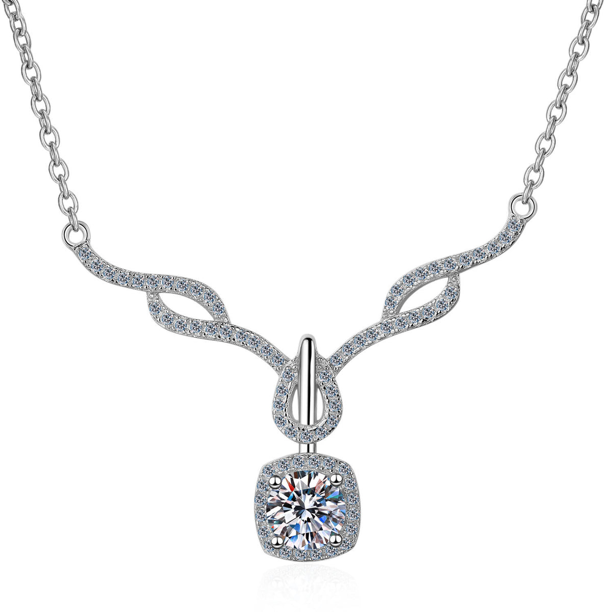 Helia Pavé Ornate Drop Square Halo Round 0.8 Carat Moissanite Necklace — Moisza