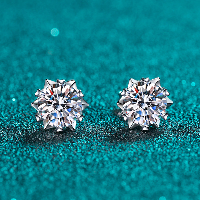 Helia Snowflake Heart-Prong Round Moissanite Stud Earrings — Moisza