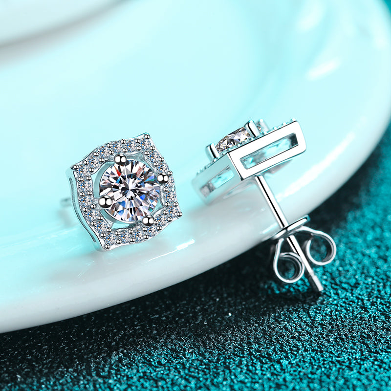 Helia Groovy Square Halo Round Moissanite Stud Earrings — Moisza
