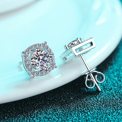 Helia Groovy Square Halo Round Moissanite Stud Earrings — Moisza