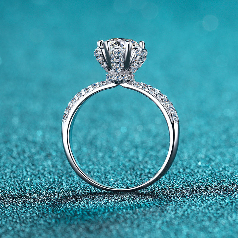 Helia Floral Pavé Solitaire Round Moissanite Engagement Ring — Moisza