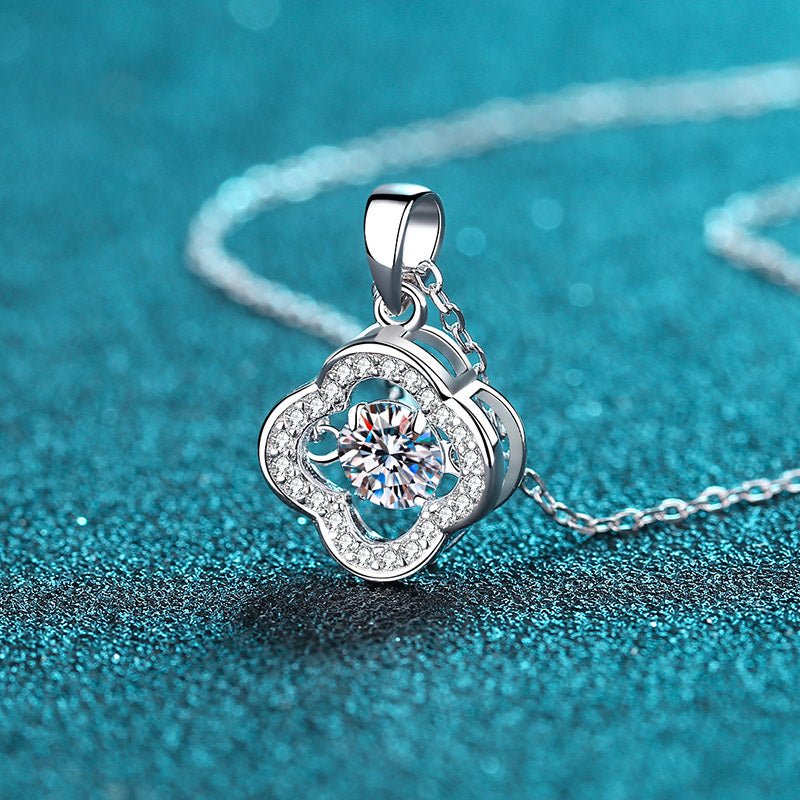 Helia Pavé Four-Leaf Clover Round 0.5 Carat Moissanite Dancing Necklace — Moisza