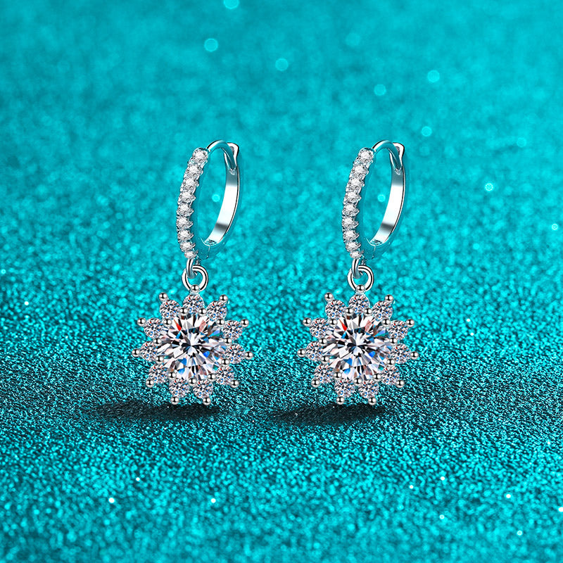 Helia Sunflower Halo Pavé Round Moissanite Drop Earrings — Moisza