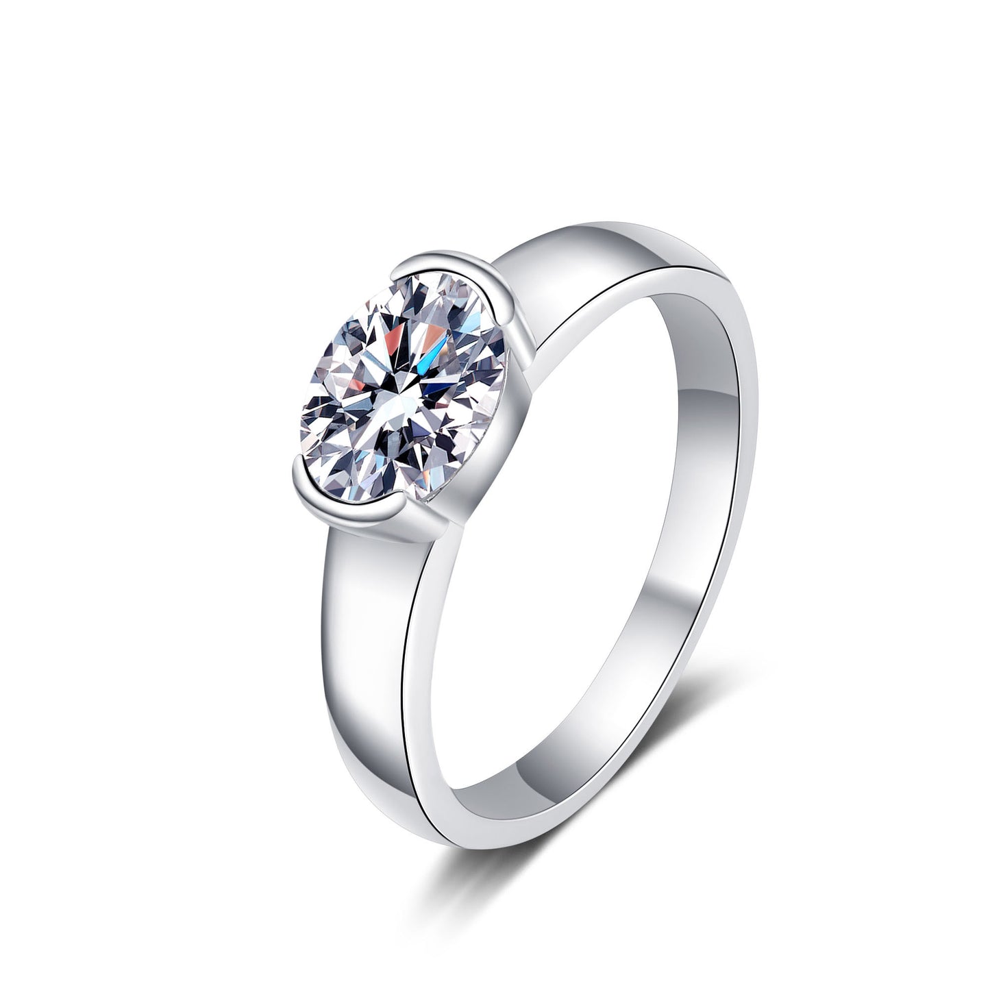 Half-Bezel Set Oval Cut Solitaire 1.5 Carat Moissanite Diamond Platinum Plated S925 Engagement Ring