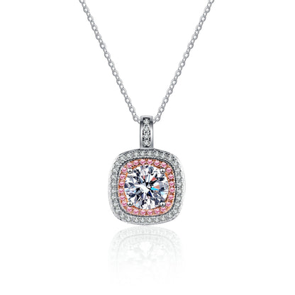 Double Square Round Cut Pink Halo 1 Carat Moissanite Pendant S925 Necklace