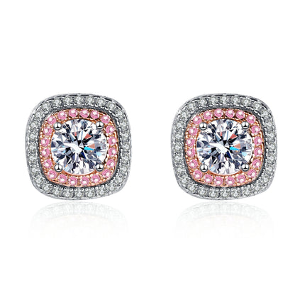 Double Square Round Cut Halo 0.5 Carat Moissanite Diamond S925 Stud Earrings