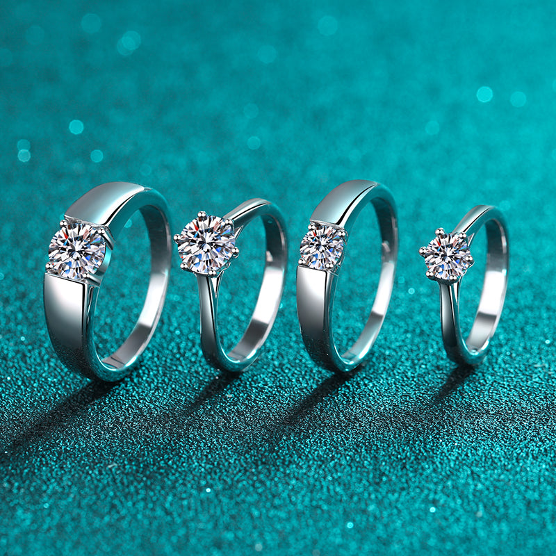 Fantástico solitario redondo de 0,5 a 1,5 quilates de moissanita S925, juego de boda como anillos de pareja o anillos de promesa (tamaño ajustable disponible) 