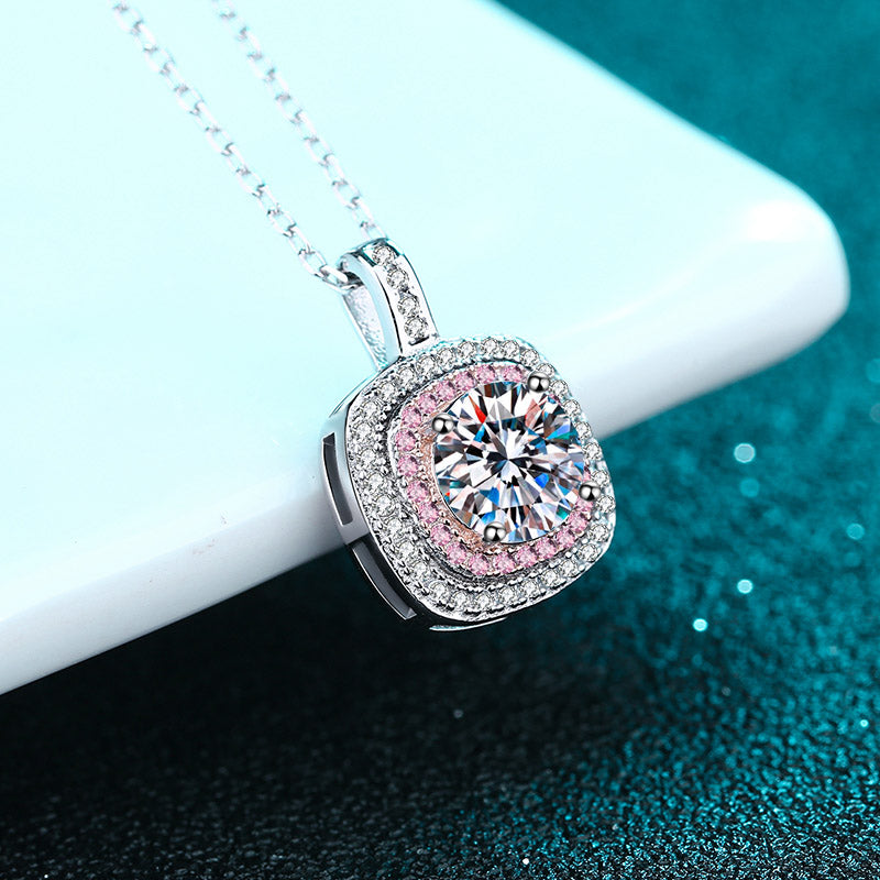 Double Square Round Cut Pink Halo 0.5 / 1 Carat Moissanite 4-Piece S925 Jewelry Set (Ring, Earrings, Necklace)