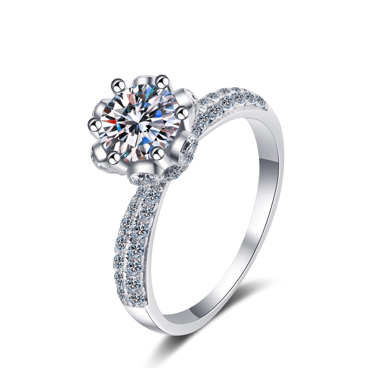 Floral Round Cut 6-Prong Pave Solitaire 1/2/3/5 Carat Moissanite S925 Engagement Ring