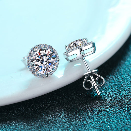 Pendientes de tuerca S925 con diamantes de moissanita de 0,5/1 quilate con halo de talla redonda 