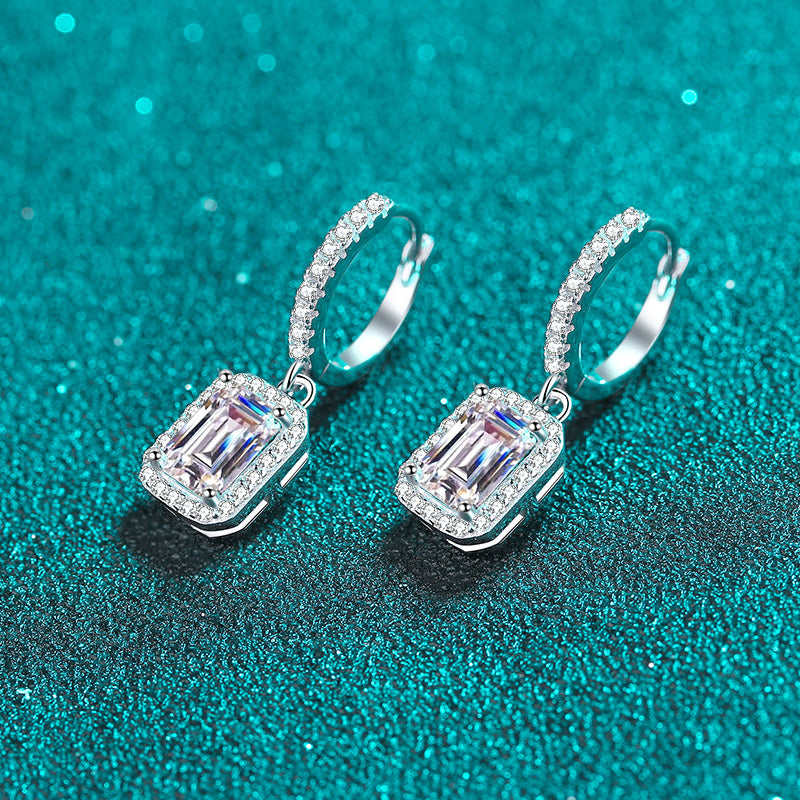 Emerald/Radiant Cut Halo 1 / 2 Carat Moissanite Diamond Platinum-Plated S925 Pave Leverback Drop Earrings