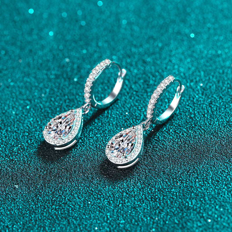 Pear Cut Halo 1 Carat Moissanite Diamond Platinum-Plated S925 Pave Leverback Drop Earrings
