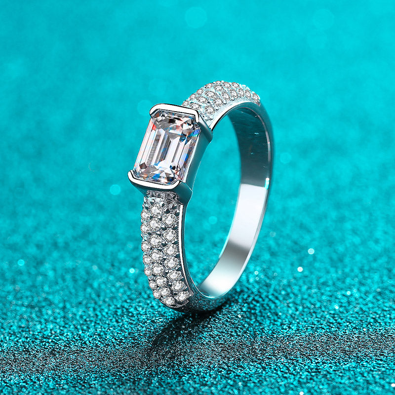 Bar Set Emerald/Radiant Cut Pave Solitaire 1 Carat Moissanite Diamond S925 Engagement Ring