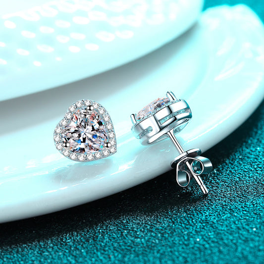 Heart-Shaped Halo 0.5 / 1 Carat Moissanite 3-Piece S925 Jewelry Set (Stud Earrings and Necklace)