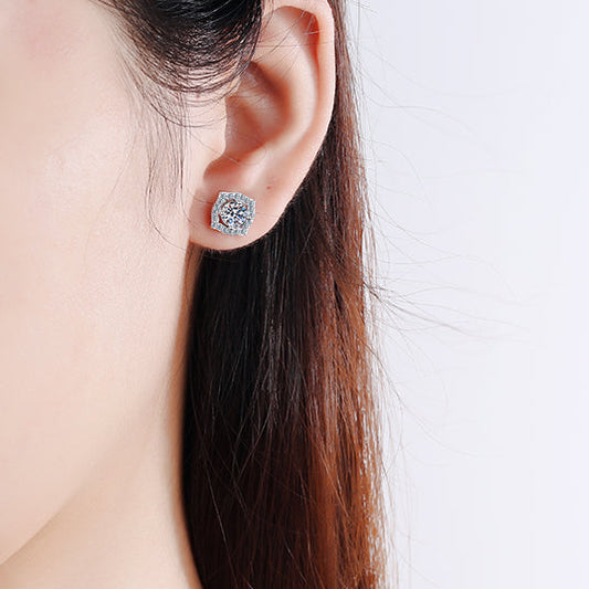 Helia Groovy Square Halo Round Moissanite Stud Earrings — Moisza